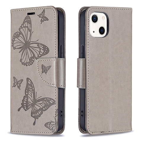 Funda de Cuero Cartera con Soporte Mariposa Carcasa L09 para Apple iPhone 15 Plus Gris