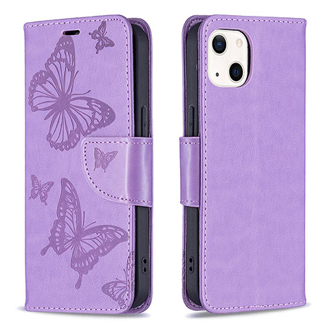 Funda de Cuero Cartera con Soporte Mariposa Carcasa L09 para Apple iPhone 15 Plus Morado