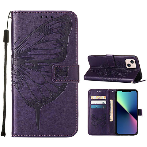 Funda de Cuero Cartera con Soporte Mariposa Carcasa L10 para Apple iPhone 14 Plus Morado