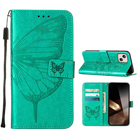 Funda de Cuero Cartera con Soporte Mariposa Carcasa L10 para Apple iPhone 15 Plus Verde