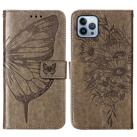 Funda de Cuero Cartera con Soporte Mariposa Carcasa L10 para Apple iPhone 15 Pro Gris Oscuro