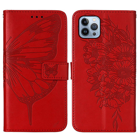 Funda de Cuero Cartera con Soporte Mariposa Carcasa L10 para Apple iPhone 15 Pro Max Rojo