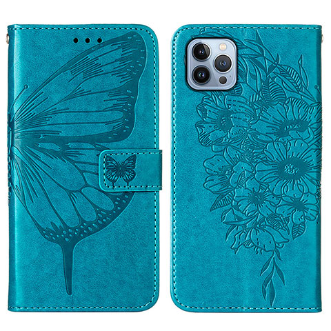 Funda de Cuero Cartera con Soporte Mariposa Carcasa L10 para Apple iPhone 16 Pro Azul