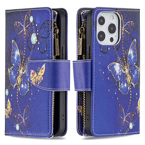 Funda de Cuero Cartera con Soporte Mariposa Carcasa para Apple iPhone 14 Pro Azul Real