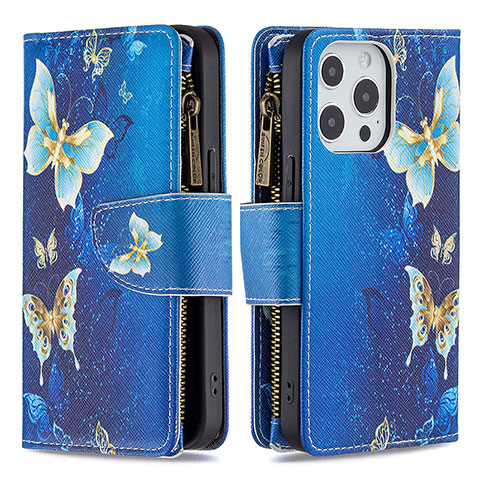 Funda de Cuero Cartera con Soporte Mariposa Carcasa para Apple iPhone 15 Pro Azul