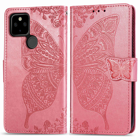 Funda de Cuero Cartera con Soporte Mariposa Carcasa para Google Pixel 5 Rosa Roja