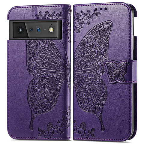 Funda de Cuero Cartera con Soporte Mariposa Carcasa para Google Pixel 6 5G Morado