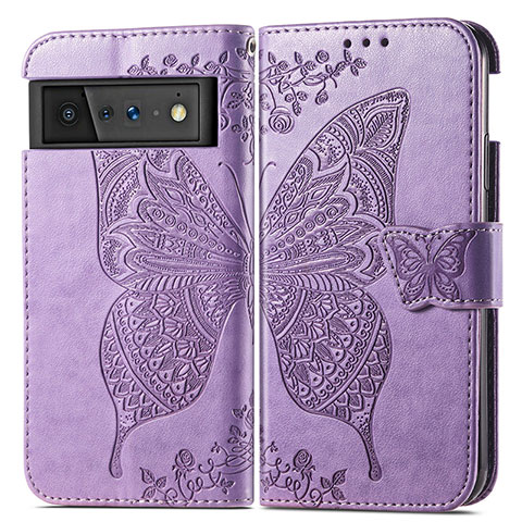 Funda de Cuero Cartera con Soporte Mariposa Carcasa para Google Pixel 6 5G Purpura Claro