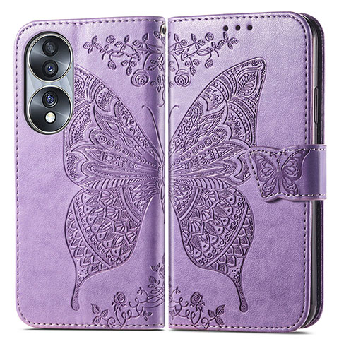 Funda de Cuero Cartera con Soporte Mariposa Carcasa para Huawei Honor 70 5G Purpura Claro