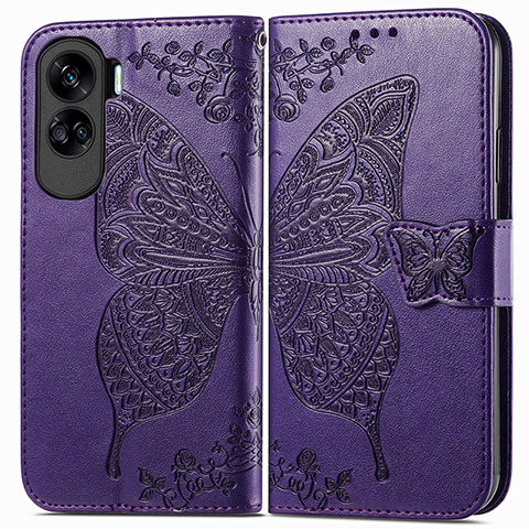 Funda de Cuero Cartera con Soporte Mariposa Carcasa para Huawei Honor 90 Lite 5G Morado