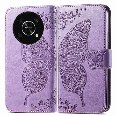 Funda de Cuero Cartera con Soporte Mariposa Carcasa para Huawei Honor Magic4 Lite 5G Purpura Claro