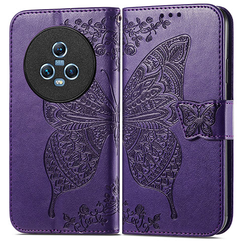 Funda de Cuero Cartera con Soporte Mariposa Carcasa para Huawei Honor Magic5 5G Morado