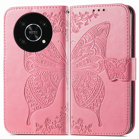 Funda de Cuero Cartera con Soporte Mariposa Carcasa para Huawei Honor X9 5G Rosa Roja