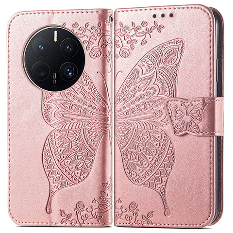 Funda de Cuero Cartera con Soporte Mariposa Carcasa para Huawei Mate 50 Pro Oro Rosa