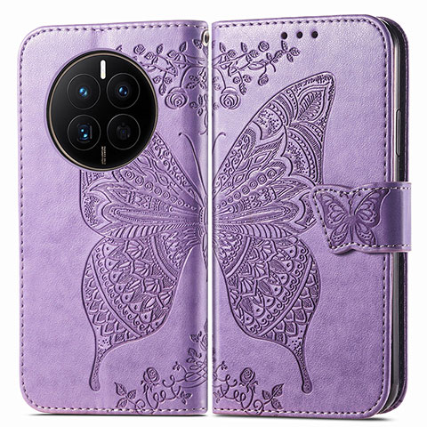 Funda de Cuero Cartera con Soporte Mariposa Carcasa para Huawei Mate 50E Purpura Claro