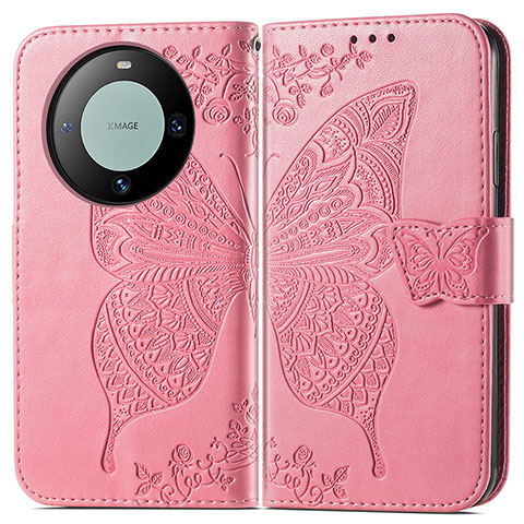 Funda de Cuero Cartera con Soporte Mariposa Carcasa para Huawei Mate 60 Pro Rosa Roja