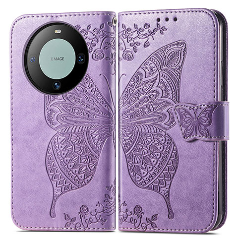 Funda de Cuero Cartera con Soporte Mariposa Carcasa para Huawei Mate 60 Purpura Claro