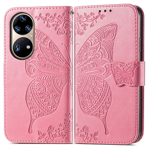 Funda de Cuero Cartera con Soporte Mariposa Carcasa para Huawei P50 Rosa Roja