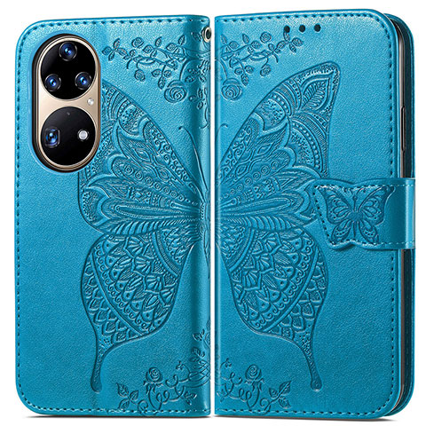 Funda de Cuero Cartera con Soporte Mariposa Carcasa para Huawei P50e Azul