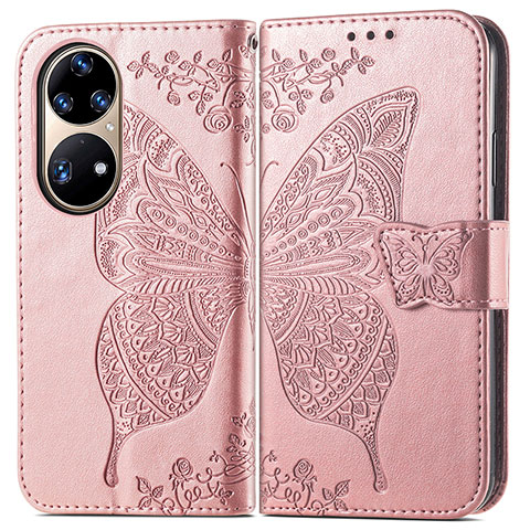 Funda de Cuero Cartera con Soporte Mariposa Carcasa para Huawei P50e Rosa