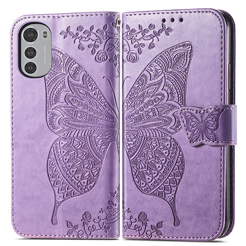 Funda de Cuero Cartera con Soporte Mariposa Carcasa para Motorola Moto E32 Purpura Claro