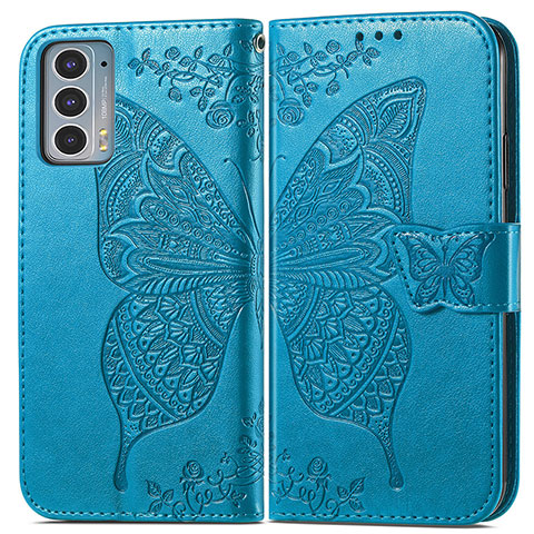 Funda de Cuero Cartera con Soporte Mariposa Carcasa para Motorola Moto Edge 20 5G Azul