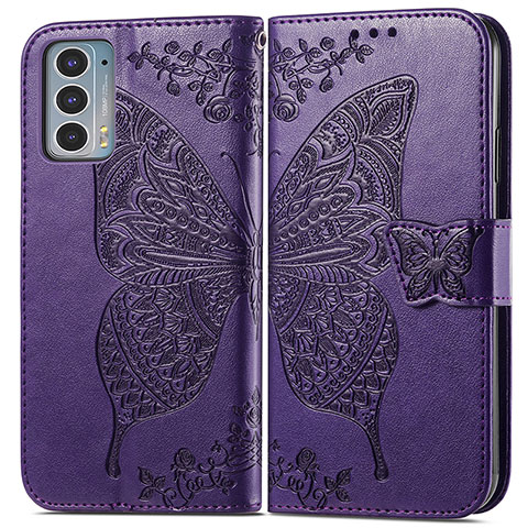 Funda de Cuero Cartera con Soporte Mariposa Carcasa para Motorola Moto Edge 20 5G Morado