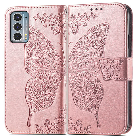 Funda de Cuero Cartera con Soporte Mariposa Carcasa para Motorola Moto Edge 20 5G Rosa