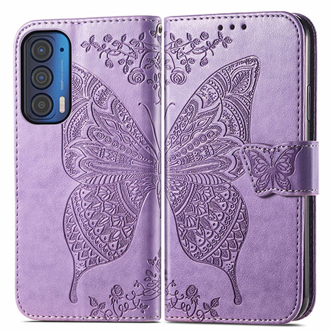 Funda de Cuero Cartera con Soporte Mariposa Carcasa para Motorola Moto Edge (2021) 5G Purpura Claro