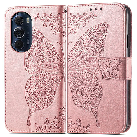 Funda de Cuero Cartera con Soporte Mariposa Carcasa para Motorola Moto Edge 30 Pro 5G Rosa