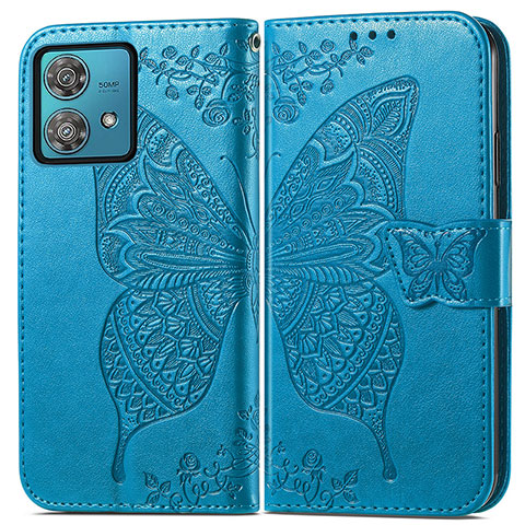 Funda de Cuero Cartera con Soporte Mariposa Carcasa para Motorola Moto Edge 40 Neo 5G Azul