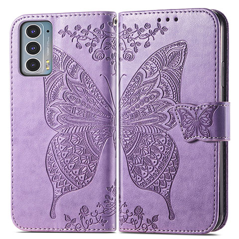 Funda de Cuero Cartera con Soporte Mariposa Carcasa para Motorola Moto Edge Lite 5G Purpura Claro