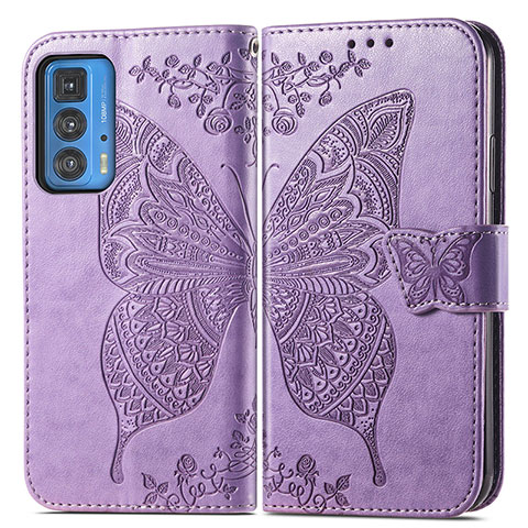 Funda de Cuero Cartera con Soporte Mariposa Carcasa para Motorola Moto Edge S Pro 5G Purpura Claro