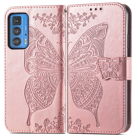 Funda de Cuero Cartera con Soporte Mariposa Carcasa para Motorola Moto Edge S Pro 5G Rosa