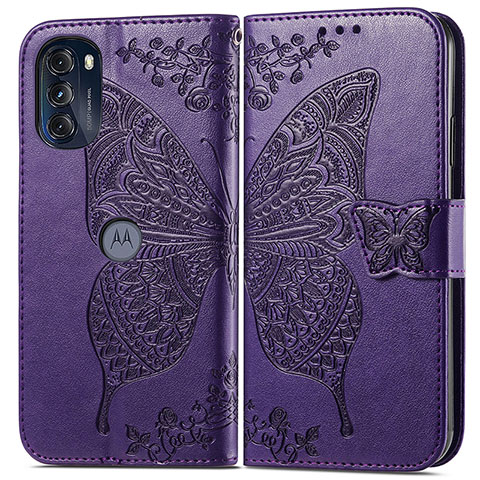 Funda de Cuero Cartera con Soporte Mariposa Carcasa para Motorola Moto G 5G (2022) Morado