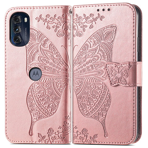 Funda de Cuero Cartera con Soporte Mariposa Carcasa para Motorola Moto G 5G (2022) Rosa