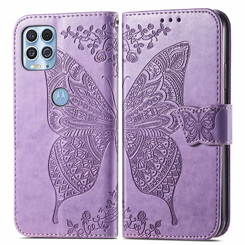 Funda de Cuero Cartera con Soporte Mariposa Carcasa para Motorola Moto G100 5G Purpura Claro