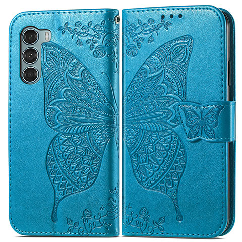 Funda de Cuero Cartera con Soporte Mariposa Carcasa para Motorola Moto G200 5G Azul