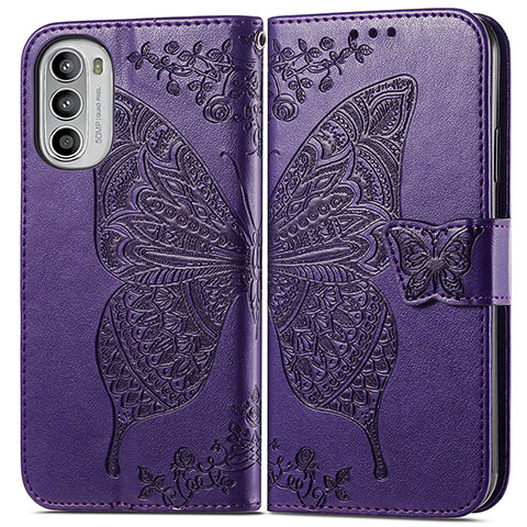 Funda de Cuero Cartera con Soporte Mariposa Carcasa para Motorola Moto G52j 5G Morado