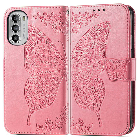 Funda de Cuero Cartera con Soporte Mariposa Carcasa para Motorola Moto G52j 5G Rosa Roja