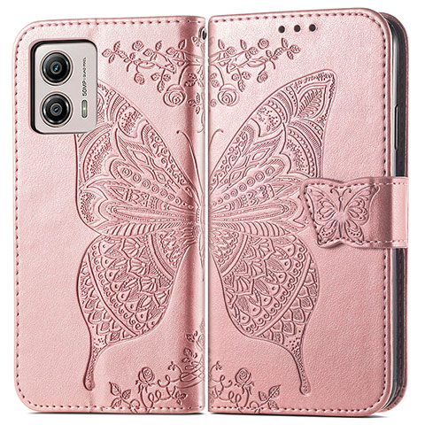 Funda de Cuero Cartera con Soporte Mariposa Carcasa para Motorola Moto G53j 5G Oro Rosa