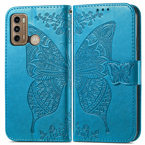 Funda de Cuero Cartera con Soporte Mariposa Carcasa para Motorola Moto G60 Azul