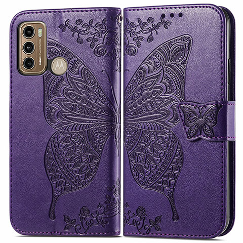 Funda de Cuero Cartera con Soporte Mariposa Carcasa para Motorola Moto G60 Morado