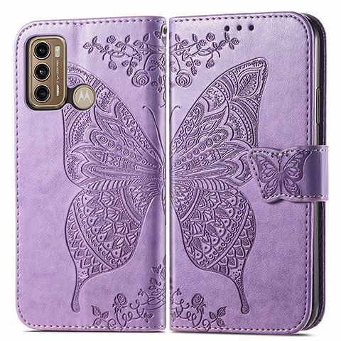 Funda de Cuero Cartera con Soporte Mariposa Carcasa para Motorola Moto G60 Purpura Claro