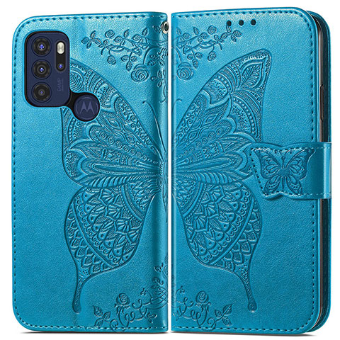 Funda de Cuero Cartera con Soporte Mariposa Carcasa para Motorola Moto G60s Azul