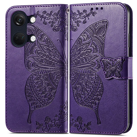 Funda de Cuero Cartera con Soporte Mariposa Carcasa para OnePlus Ace 2V 5G Morado