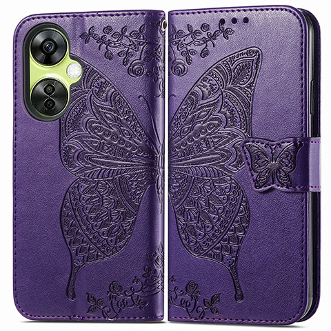 Funda de Cuero Cartera con Soporte Mariposa Carcasa para OnePlus Nord CE 3 Lite 5G Morado