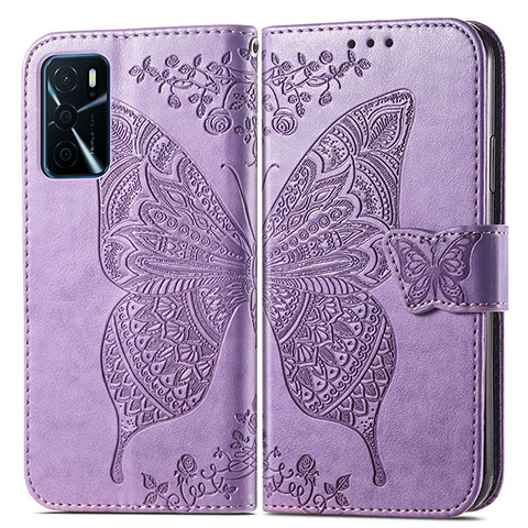 Funda de Cuero Cartera con Soporte Mariposa Carcasa para Oppo A16s Purpura Claro