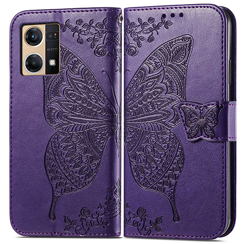 Funda de Cuero Cartera con Soporte Mariposa Carcasa para Oppo F21 Pro 4G Morado