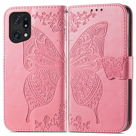 Funda de Cuero Cartera con Soporte Mariposa Carcasa para Oppo Find X5 Pro 5G Rosa Roja